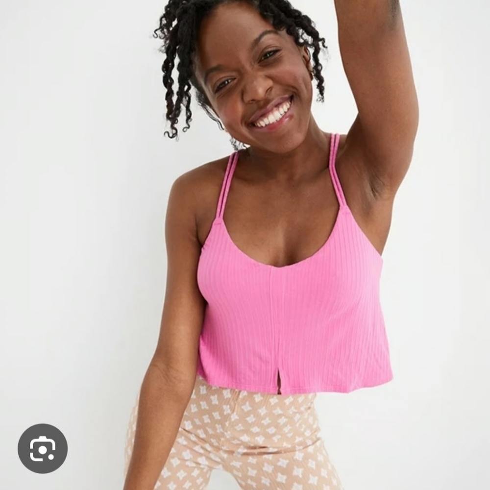 Aerie Size Medium Ribbed Crop Top Bralette Racerback Floral Pink Athleisure